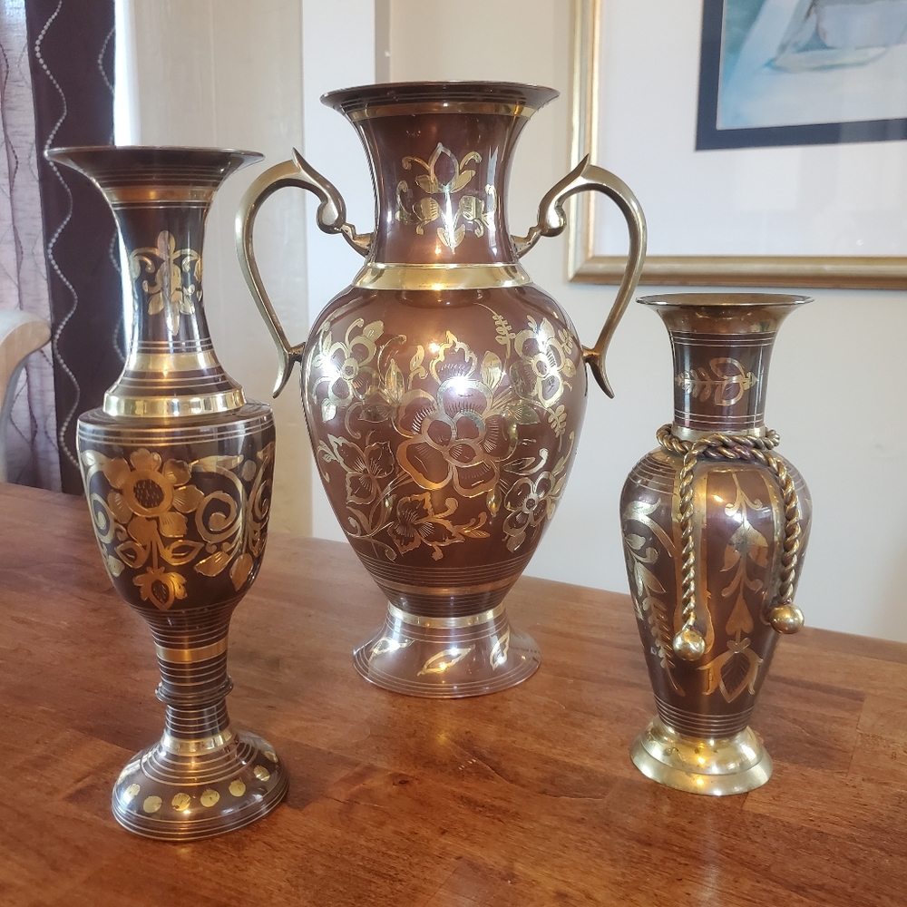 Etched Brass and Lacquer Vase Set Vintage India